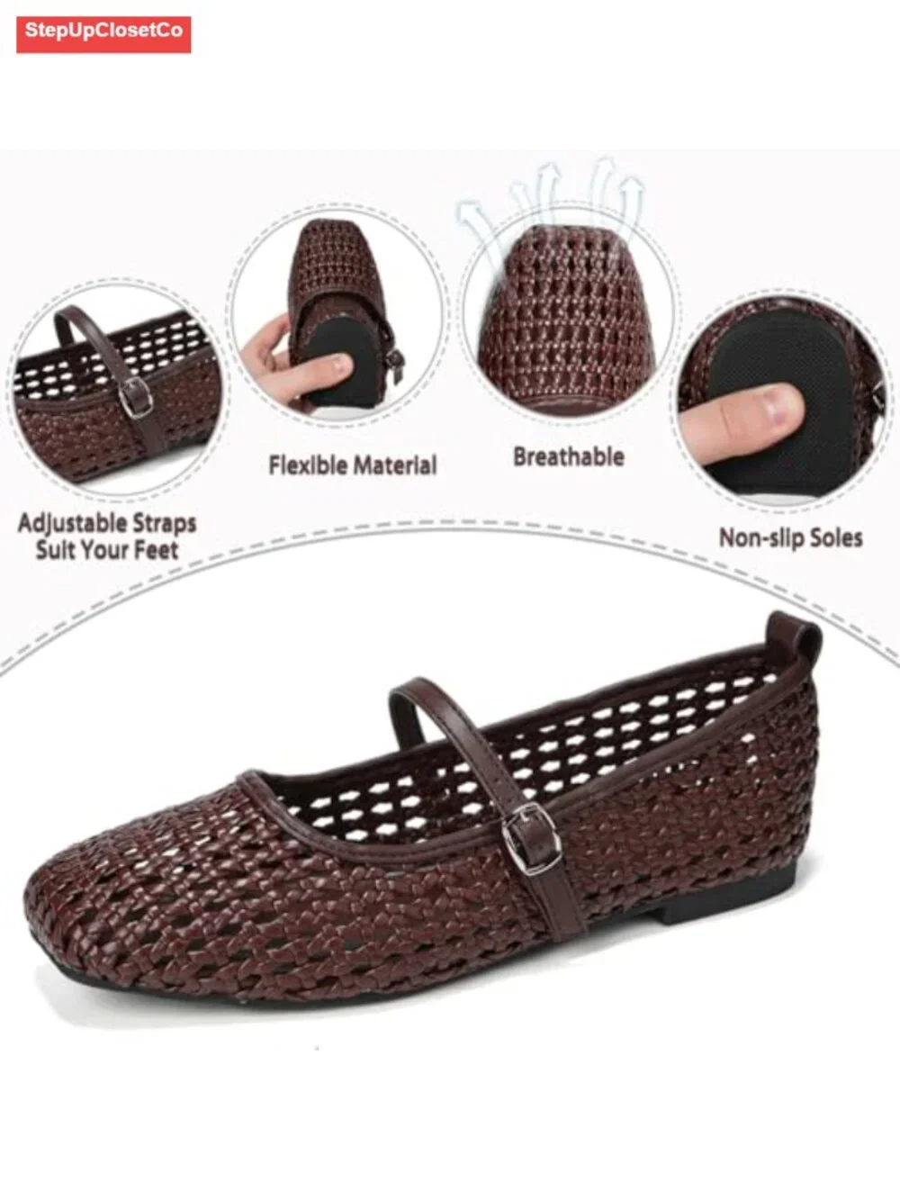 Woven Mary Jane Flats PU Square Toe Dress Shoes Work